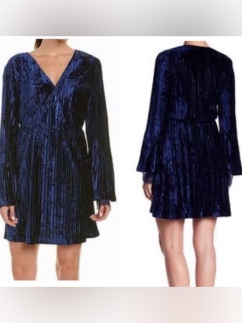 Laundry blue crushed velvet pleated bell sleeve mini dress boho festival costume